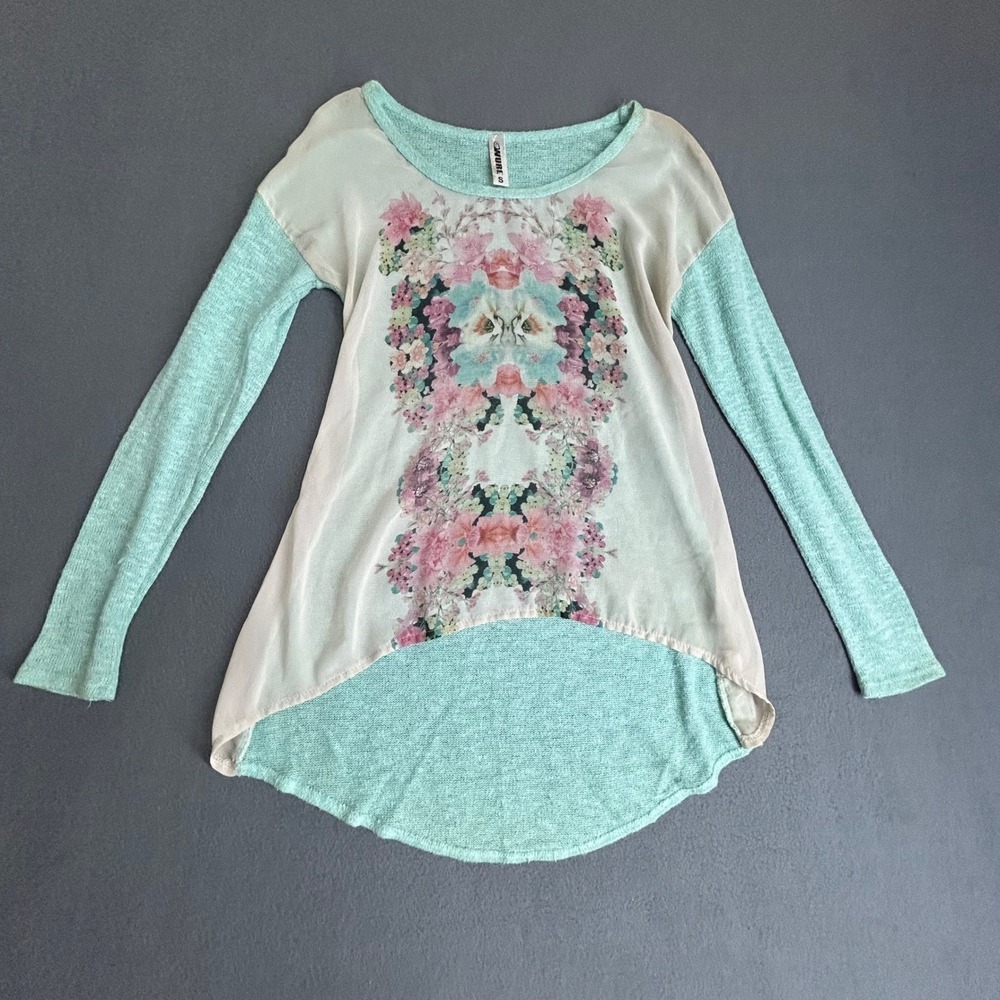 Onure Tunic Top Womens Small Mint Green Floral Chiffon High Low Knit 8C372SNJ